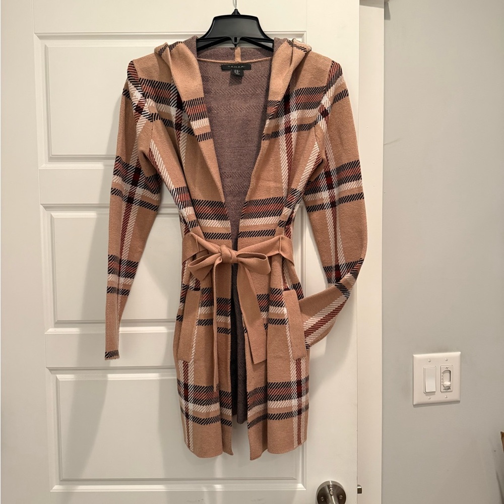 Tahari Plaid Belted Hooded Cardigan